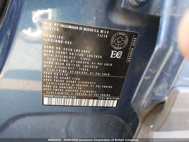 Aukcja sprzedaży 2020 Volkswagen Tiguan Trendline, vin: 3VV0B7AX3LM075485, numer aukcji: 40092035