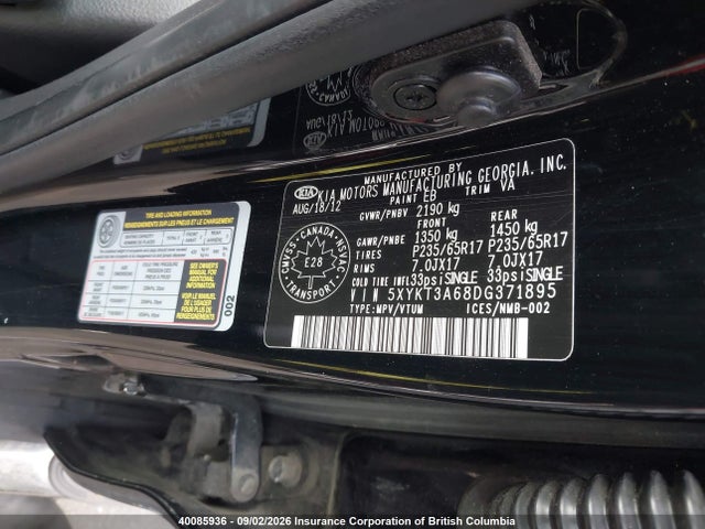 Auction sale of the 2013 Kia Sorento Lx, vin: 5XYKT3A68DG371895, lot number: 40085936