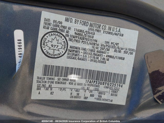 Auction sale of the 2000 Ford Taurus Se, vin: 1FAFP53U8YG225194, lot number: 40084148
