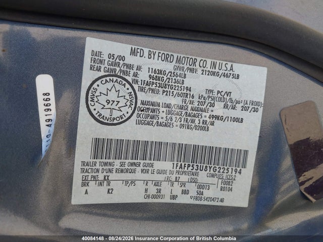 Auction sale of the 2000 Ford Taurus Se, vin: 1FAFP53U8YG225194, lot number: 40084148