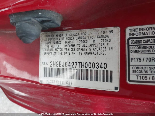 Продажа на аукционе авто 1996 Honda Civic, vin: 2HGEJ6427TH000340, номер лота: 40092046