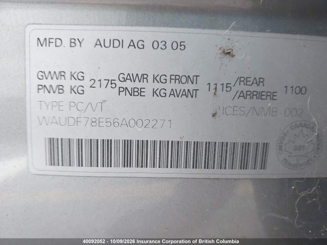 40092052 :رقم المزاد ، WAUDF78E56A002271 vin ، 2006 Audi A4 مزاد بيع