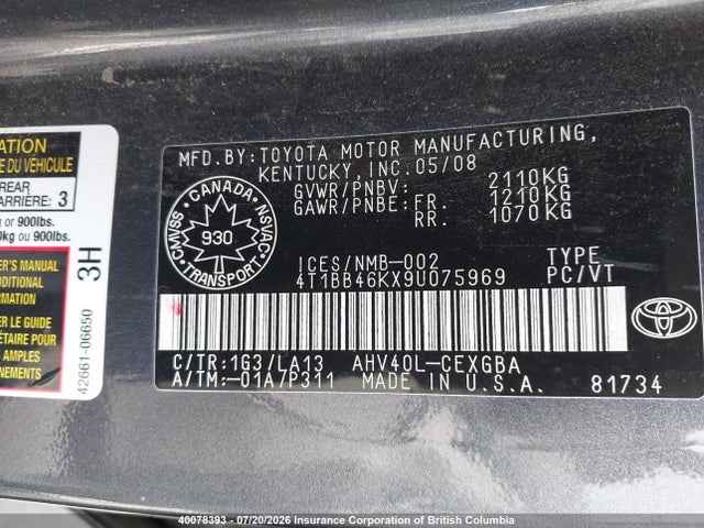 40078393 :رقم المزاد ، 4T1BB46KX9U075969 vin ، 2009 Toyota Camry Hybrid مزاد بيع