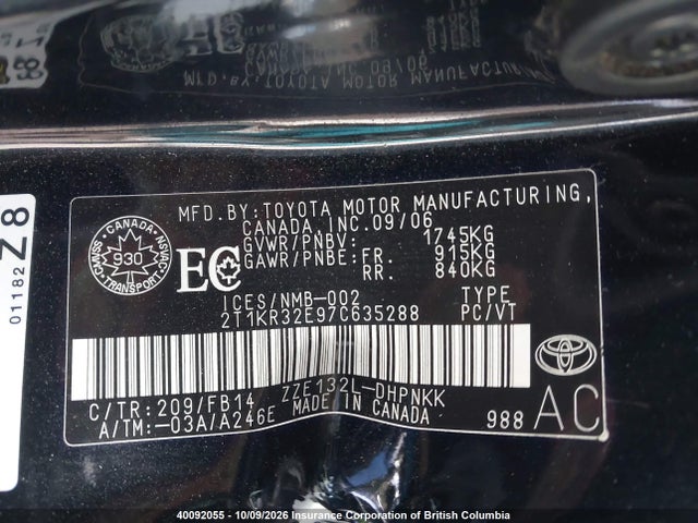 40092055 :رقم المزاد ، 2T1KR32E97C635288 vin ، 2007 Toyota Corolla Matrix Xr مزاد بيع