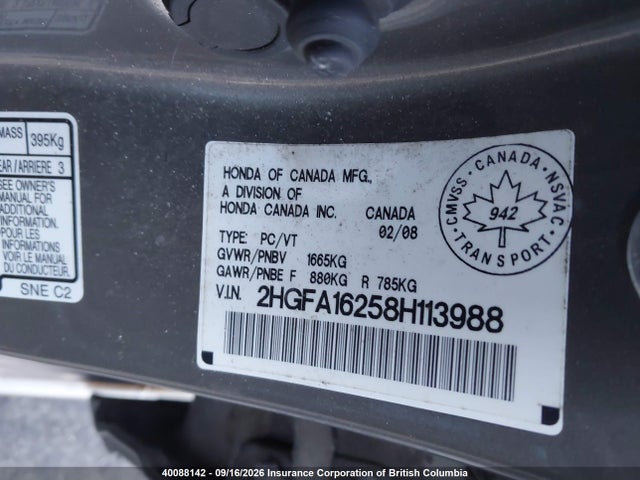 40088142 :رقم المزاد ، 2HGFA16258H113988 vin ، 2008 Honda Civic Dx مزاد بيع