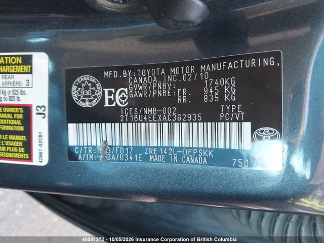 Продажа на аукционе авто 2010 Toyota Corolla S/le/xle, vin: 2T1BU4EEXAC362935, номер лота: 40091372