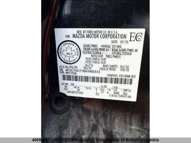 2011 Mazda Tribute I მანქანა იყიდება აუქციონზე, vin: 4F2CY0C71BKM00333, აუქციონის ნომერი: 40092067