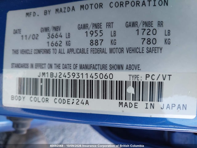 Aukcja sprzedaży 2003 Mazda Protege5 Es, vin: JM1BJ245931145060, numer aukcji: 40092068