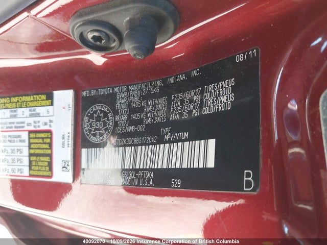 Продаж на аукціоні авто 2011 Toyota Sienna V6 7 Passenger, vin: 5TDZK3DC8BS172042, номер лоту: 40092070