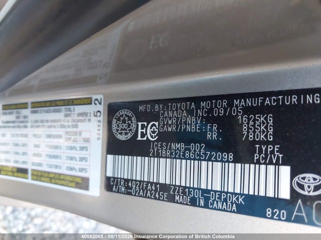 Aukcja sprzedaży 2006 Toyota Corolla Ce/le/s, vin: 2T1BR32E86C572098, numer aukcji: 40082065
