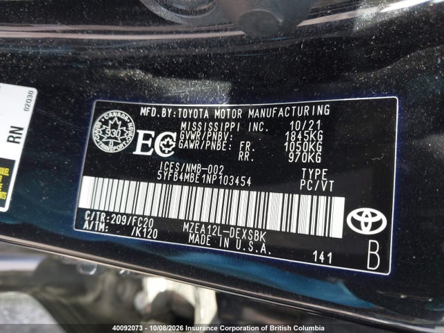 Aukcja sprzedaży 2022 Toyota Corolla Se, vin: 5YFB4MBE1NP103454, numer aukcji: 40092073