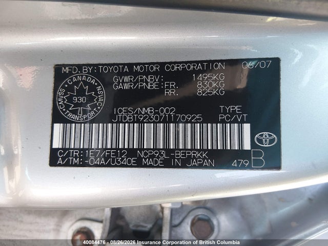 Aukcja sprzedaży 2007 Toyota Yaris, vin: JTDBT923071170925, numer aukcji: 40084476
