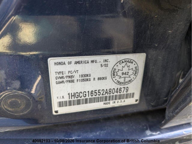 Продаж на аукціоні авто 2002 Honda Accord Ex, vin: 1HGCG16552A804679, номер лоту: 40092103