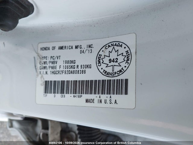 Aukcja sprzedaży 2013 Honda Accord Touring, vin: 1HGCR2F92DA808386, numer aukcji: 40092106