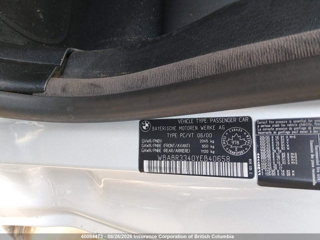 Aukcja sprzedaży 2000 Bmw 323 Ci, vin: WBABR3340YEB40658, numer aukcji: 40084473