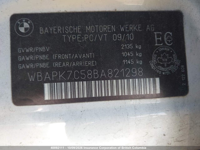 40092111 :رقم المزاد ، WBAPK7C58BA821298 vin ، 2011 Bmw 328i مزاد بيع