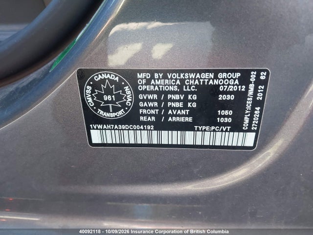 Продажа на аукционе авто 2013 Volkswagen Passat S, vin: 1VWAH7A39DC004192, номер лота: 40092118