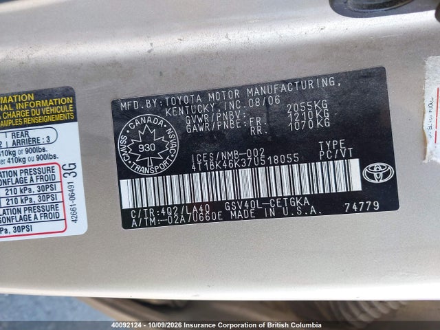 Продаж на аукціоні авто 2007 Toyota Camry, vin: 4T1BK46K37U518055, номер лоту: 40092124