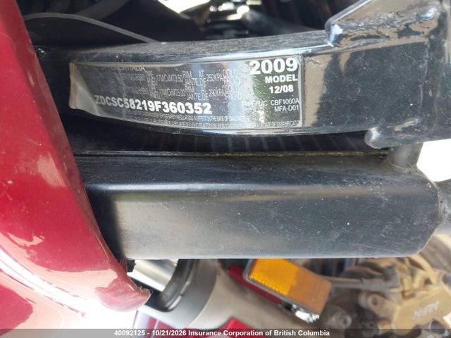 40092125 :رقم المزاد ، ZDCSC58219F360352 vin ، 2009 Honda Cbf 1000 مزاد بيع