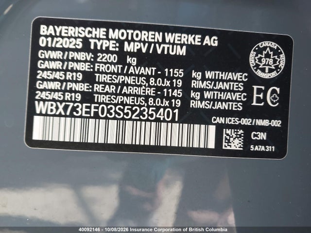40092146 :رقم المزاد ، WBX73EF03S5235401 vin ، 2025 Bmw X1 مزاد بيع