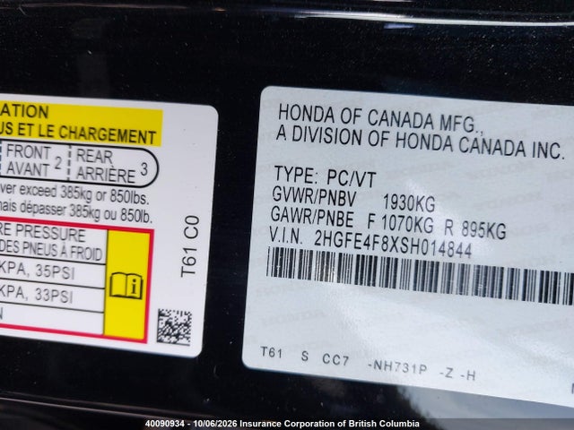 40090934 :رقم المزاد ، 2HGFE4F8XSH014844 vin ، 2025 Honda Civic Sport/sport Touring مزاد بيع