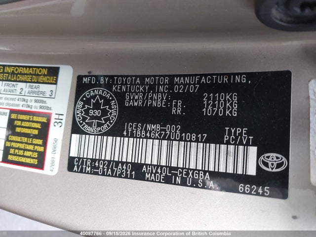 Aukcja sprzedaży 2007 Toyota Camry Hybrid, vin: 4T1BB46K77U010817, numer aukcji: 40087766