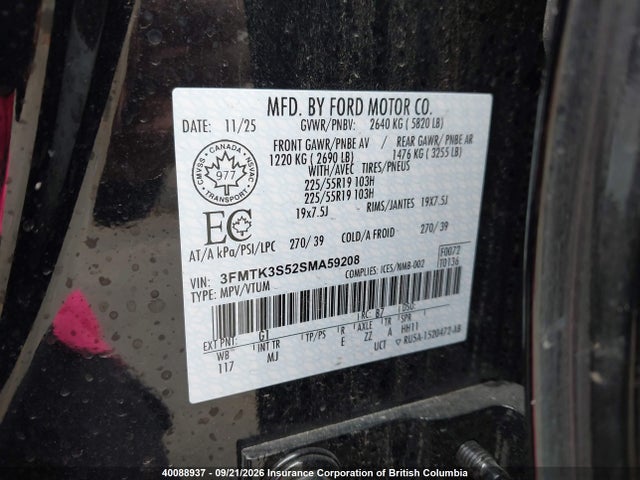 40088937 :رقم المزاد ، 3FMTK3S52SMA59208 vin ، 2025 Ford Mustang Mach-e Premium مزاد بيع