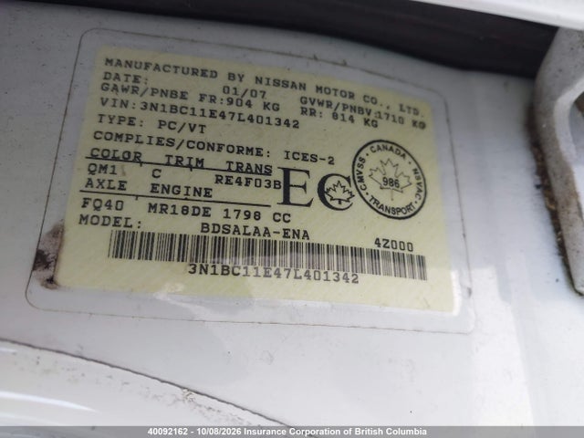 Aukcja sprzedaży 2007 Nissan Versa, vin: 3N1BC11E47L401342, numer aukcji: 40092162