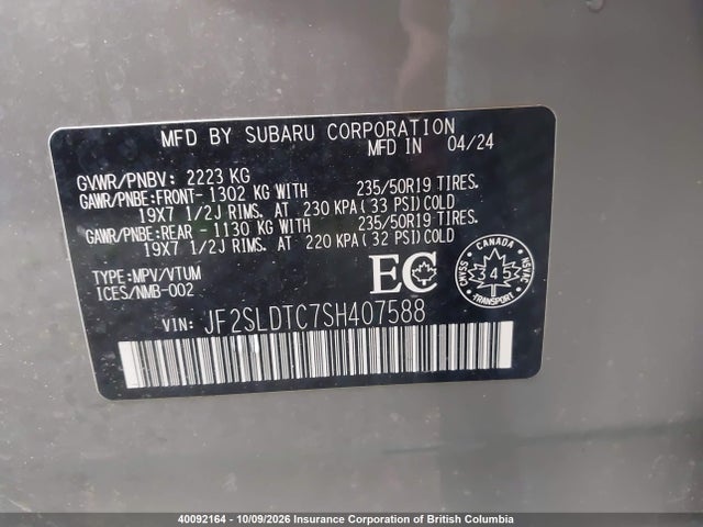 40092164 :رقم المزاد ، JF2SLDTC7SH407588 vin ، 2025 Subaru Forester Touring مزاد بيع