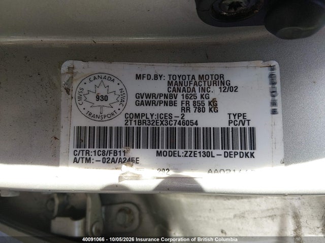 Продаж на аукціоні авто 2003 Toyota Corolla Ce/le/s, vin: 2T1BR32EX3C746054, номер лоту: 40091066