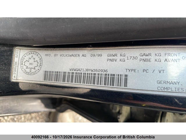 40092166 :رقم المزاد ، WVWGA21J8YW350936 vin ، 2000 Volkswagen Golf مزاد بيع