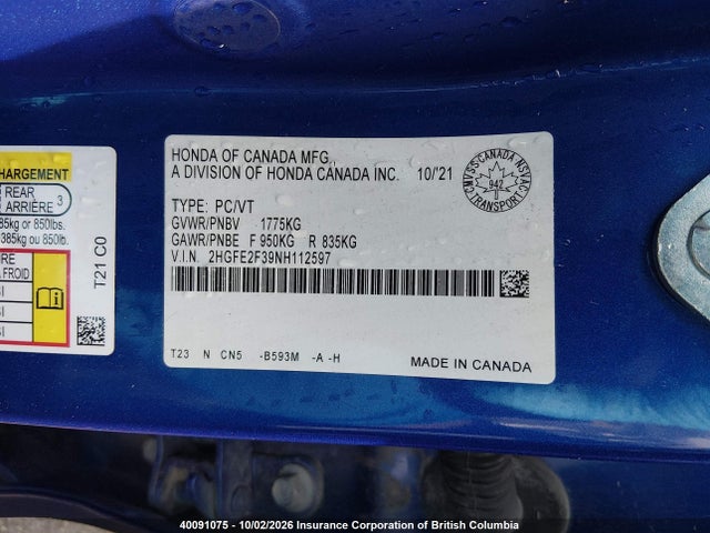 Продаж на аукціоні авто 2022 Honda Civic Ex, vin: 2HGFE2F39NH112597, номер лоту: 40091075