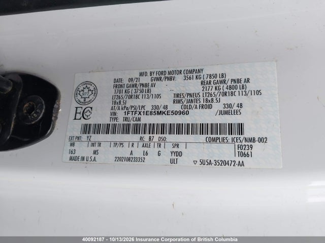 Aukcja sprzedaży 2021 Ford F150, vin: 1FTFX1E85MKE50960, numer aukcji: 40092187