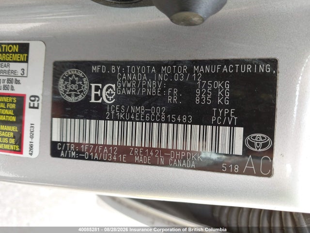40085281 :رقم المزاد ، 2T1KU4EE6CC815483 vin ، 2012 Toyota Matrix مزاد بيع