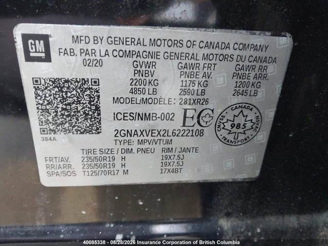 Aukcja sprzedaży 2020 Chevrolet Equinox Lt, vin: 2GNAXVEX2L6222108, numer aukcji: 40085338