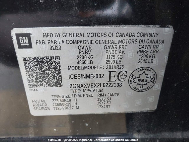 Aukcja sprzedaży 2020 Chevrolet Equinox Lt, vin: 2GNAXVEX2L6222108, numer aukcji: 40085338