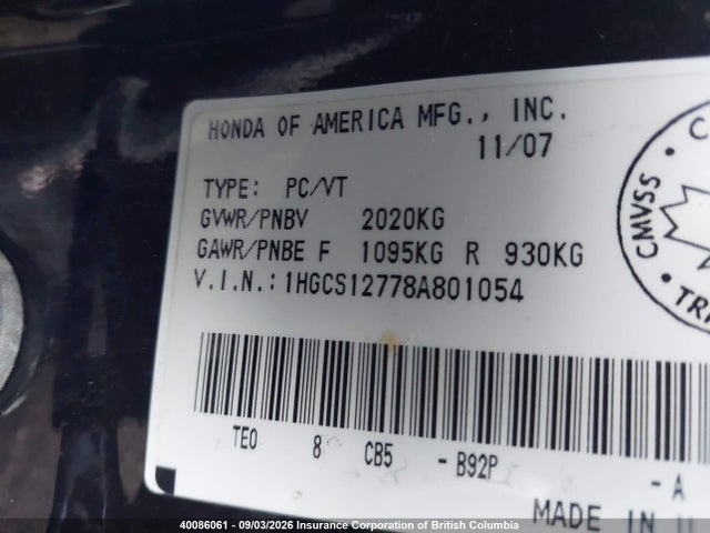 40086061 :رقم المزاد ، 1HGCS12778A801054 vin ، 2008 Honda Accord Ex مزاد بيع