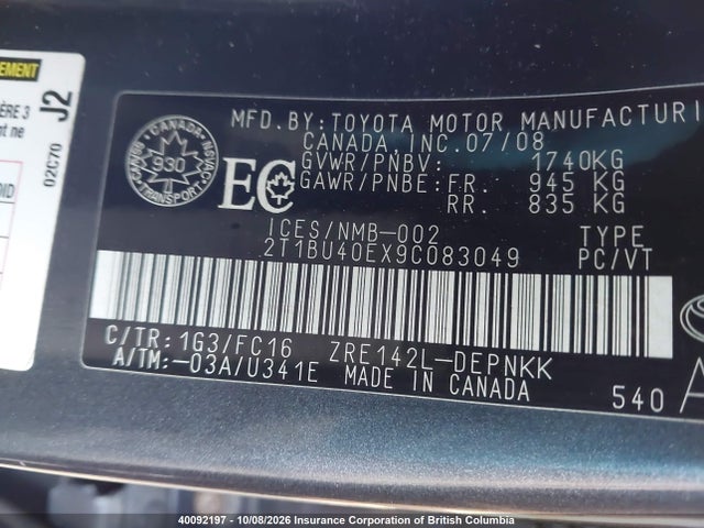Aukcja sprzedaży 2009 Toyota Corolla Le, vin: 2T1BU40EX9C083049, numer aukcji: 40092197