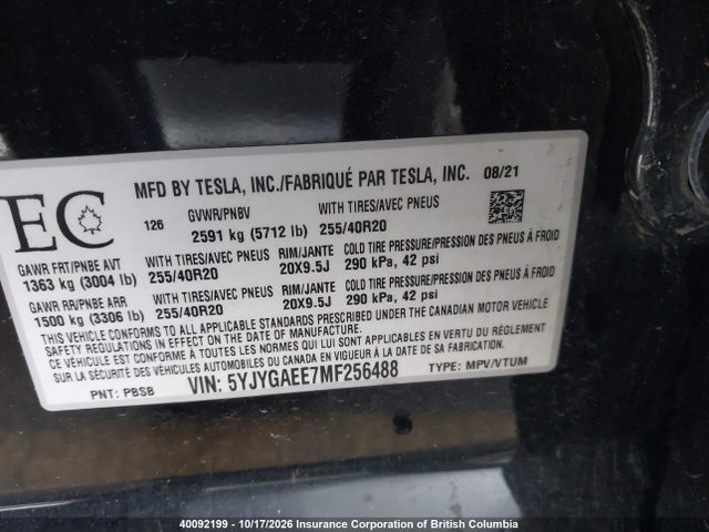 Tesla Model Y 2021 5YJYGAEE7MF256488 Image 9