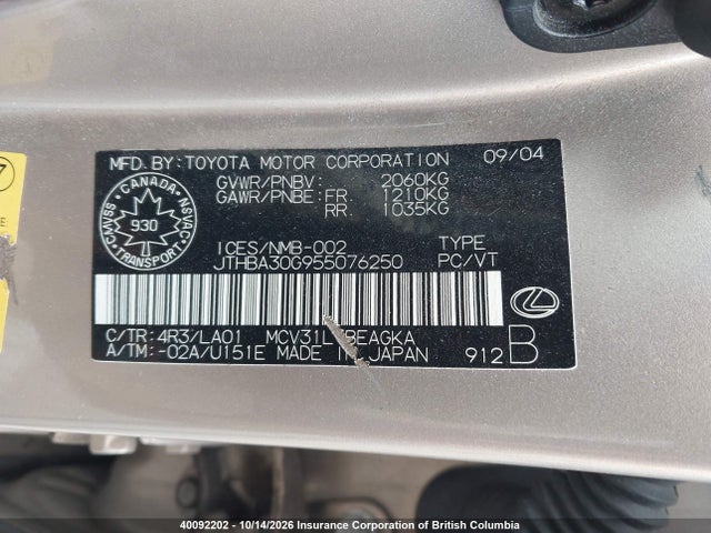 40092202 :رقم المزاد ، JTHBA30G955076250 vin ، 2005 Lexus Es330 مزاد بيع
