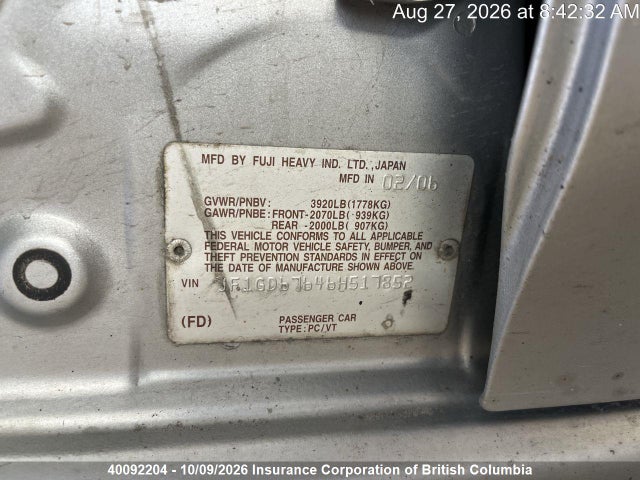 2006 Subaru Impreza 2.5i მანქანა იყიდება აუქციონზე, vin: JF1GD67646H517852, აუქციონის ნომერი: 40092204