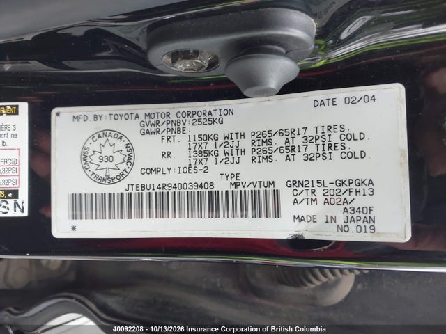 40092208 :رقم المزاد ، JTEBU14R940039408 vin ، 2004 Toyota 4runner Sr5/sport مزاد بيع