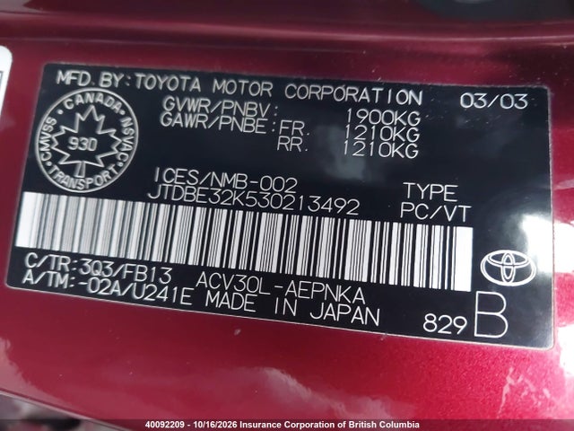 Aukcja sprzedaży 2003 Toyota Camry, vin: JTDBE32K530213492, numer aukcji: 40092209