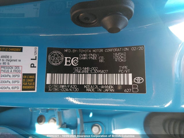 40092221 :رقم المزاد ، JTNK4RBE7L3095827 vin ، 2020 Toyota Corolla Se/xse مزاد بيع