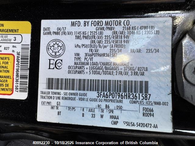 Продажа на аукционе авто 2017 Ford Fusion Se, vin: 3FA6P0T96HR361587, номер лота: 40092230