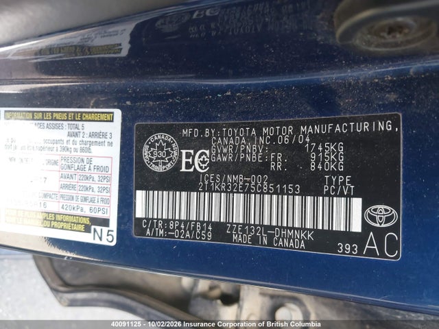 40091125 :رقم المزاد ، 2T1KR32E75C851153 vin ، 2005 Toyota Corolla Matrix Xr مزاد بيع