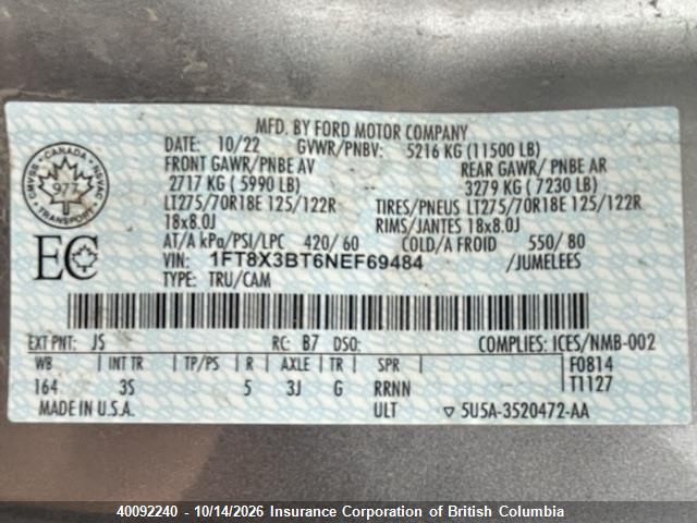 Продаж на аукціоні авто 2022 Ford F350, vin: 1FT8X3BT6NEF69484, номер лоту: 40092240