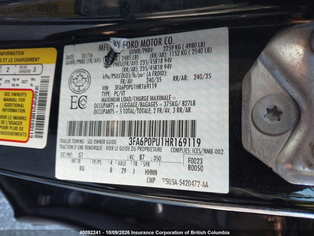 2017 Ford Fusion Se Phev მანქანა იყიდება აუქციონზე, vin: 3FA6P0PU1HR169119, აუქციონის ნომერი: 40092241