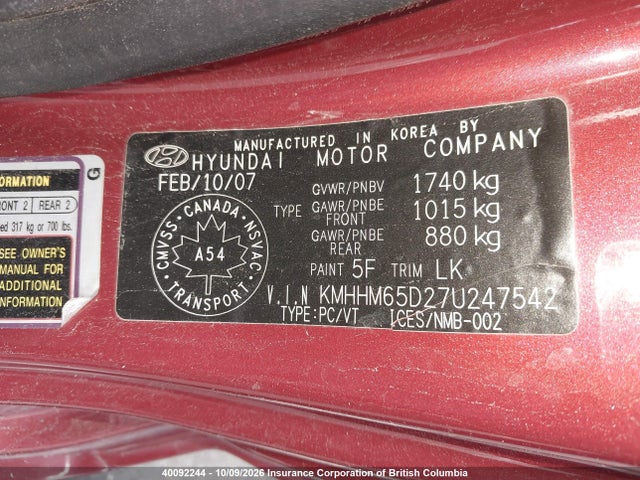 40092244 :رقم المزاد ، KMHHM65D27U247542 vin ، 2007 Hyundai Tiburon Gs مزاد بيع
