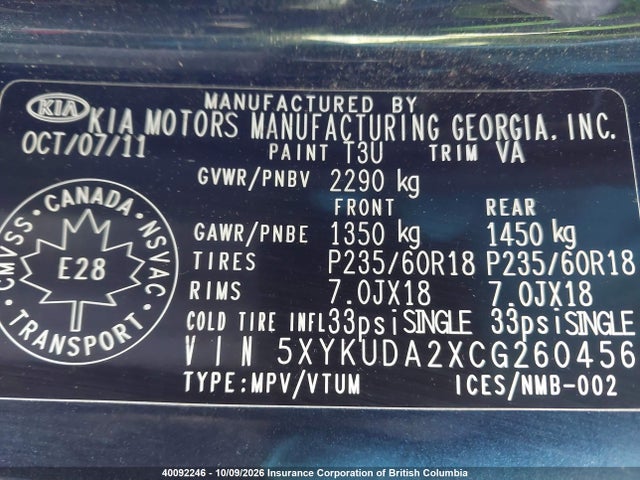 Продаж на аукціоні авто 2012 Kia Sorento Ex Luxury V6/ex V6, vin: 5XYKUDA2XCG260456, номер лоту: 40092246